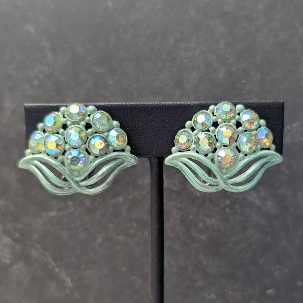Vintage Clip On Earrings Light Greenish Teal with Green AB Aurora Borealis Gems